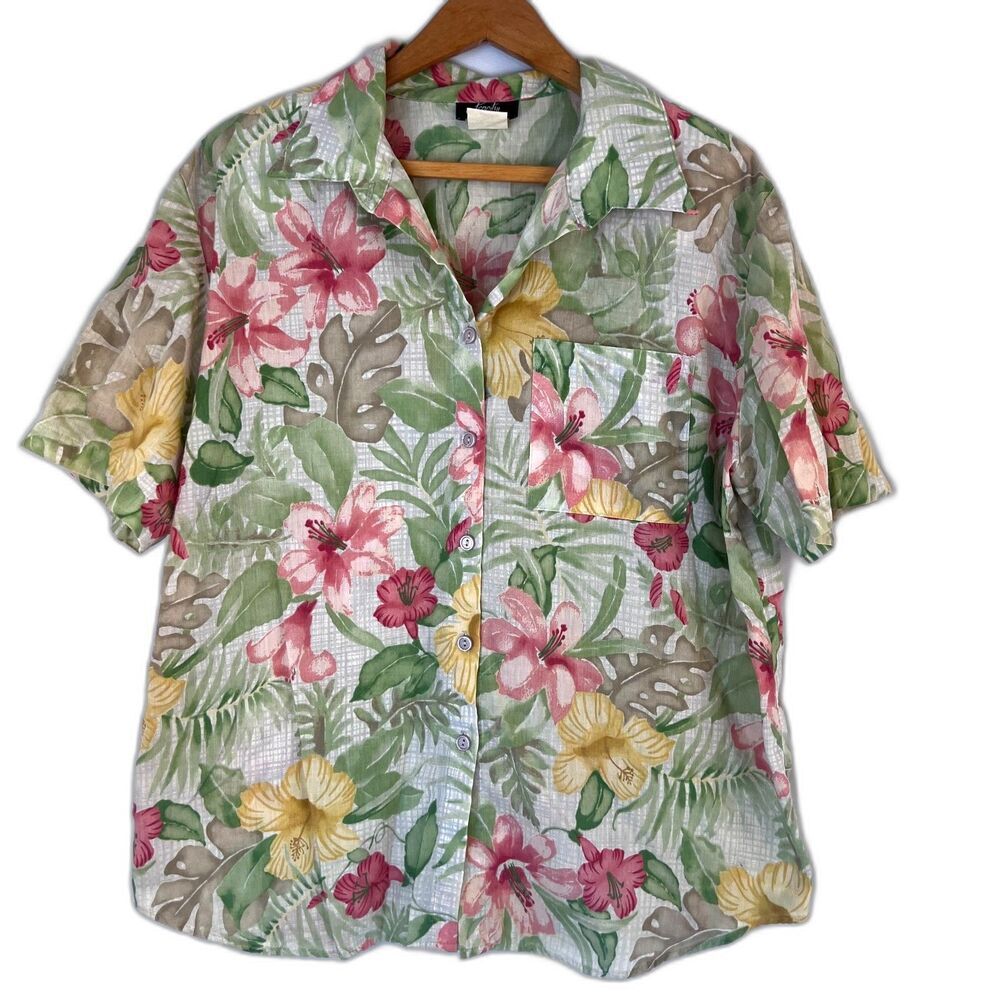 Tapestry VTG Floral Lightweight Short Sleeve Blouse Size XL‎ Tropical Hawaiian